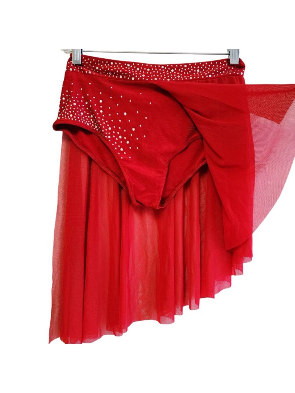 Red Asymmetrical Dance Costume Set  Rhinestones One-Shoulder Top   Skirt Size 14 - Picture 8 of 11